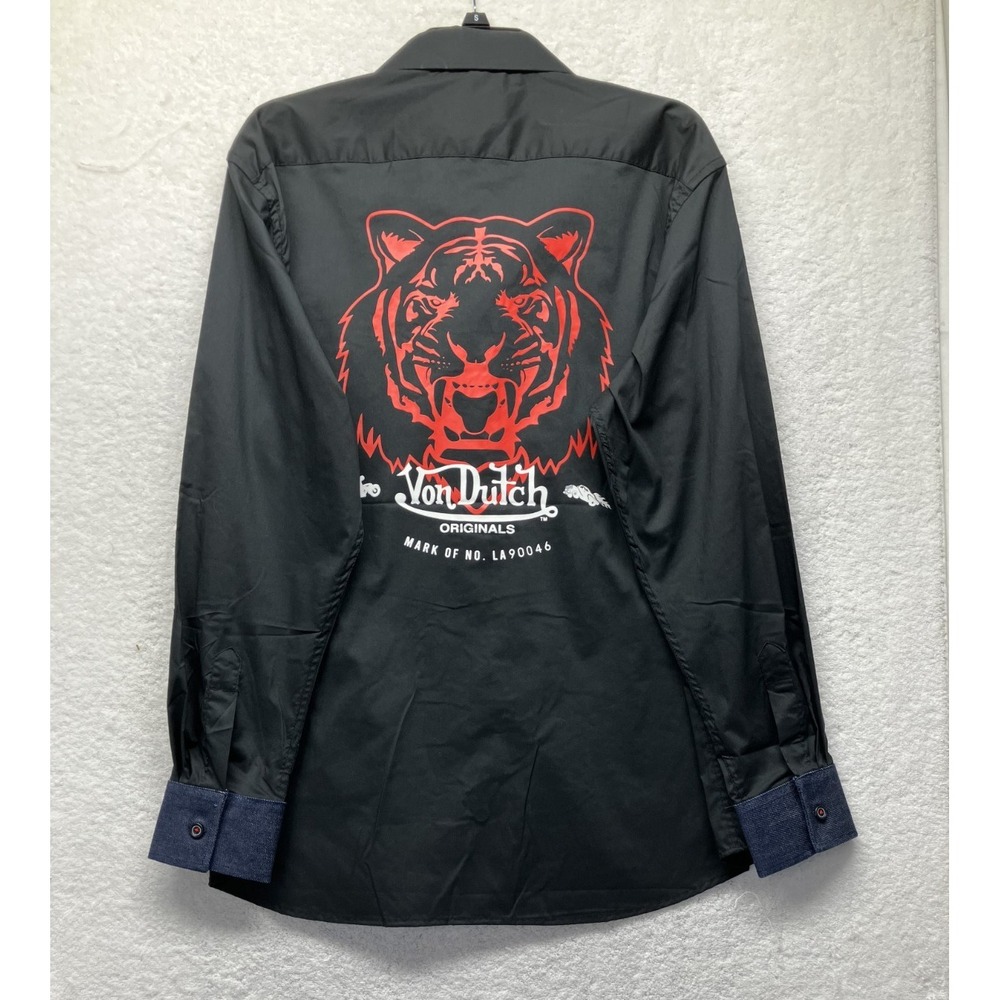 Von Dutch Mens Size L Black Lion Graphic Long Sleeve Button Up Shirt (S4)